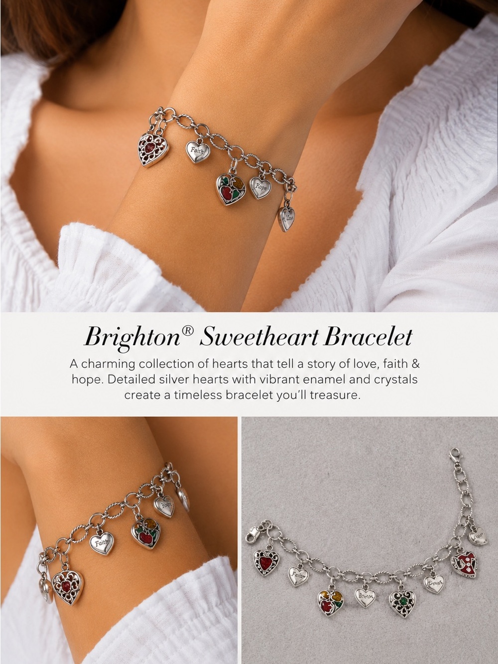 Brighton Silver Sweetheart Charm Bracelet with Red & Green Enamel